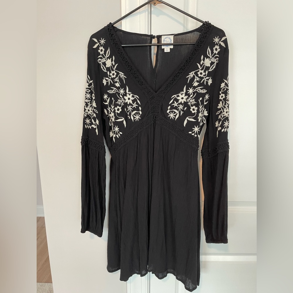 Blue Rain black long sleeved mini dress with embroidered flowers